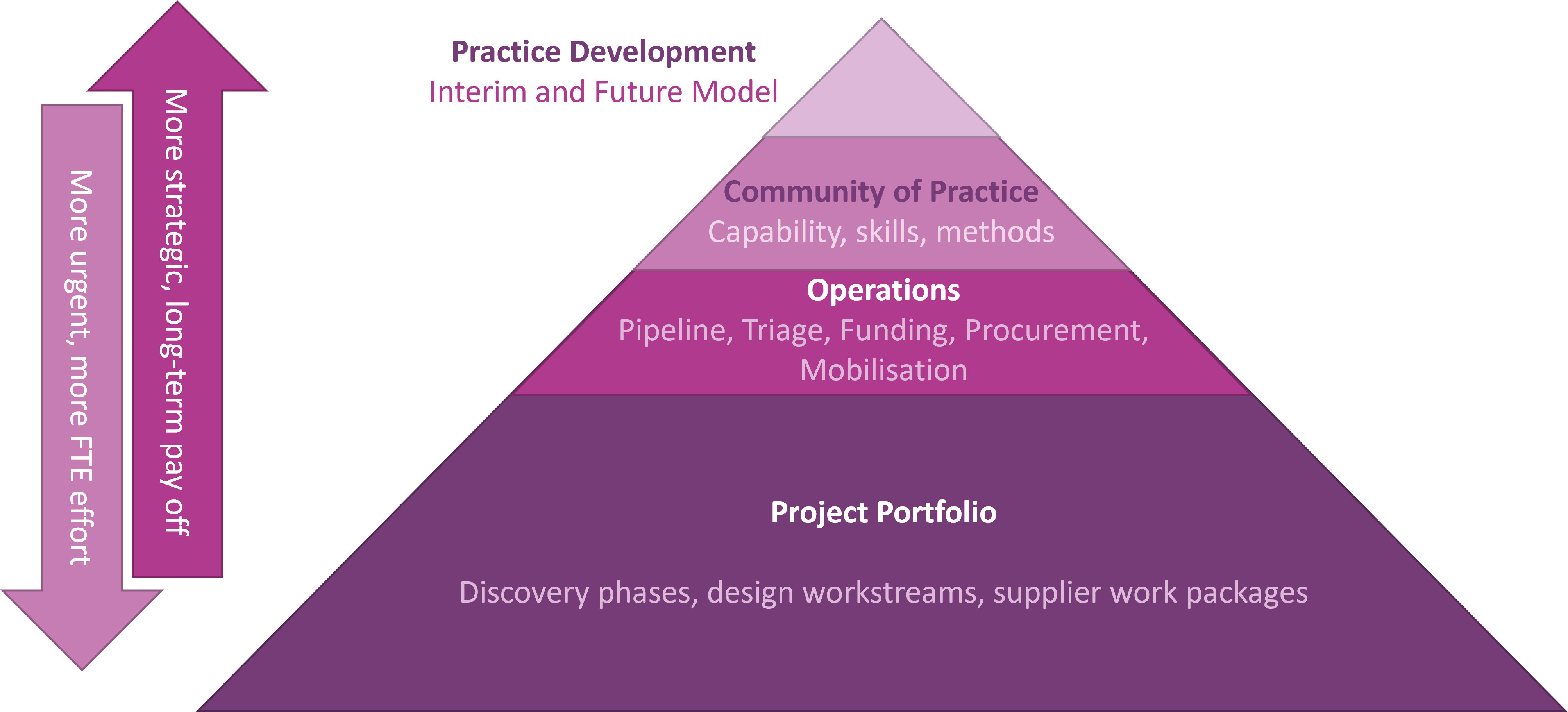 A discovery operating model represented as a triangle. At the top are centralised functions to set strategy, develop good practice and align supply and demand for discovery work. At the bootom is the actual discovery activity distributed around project, product and service teams